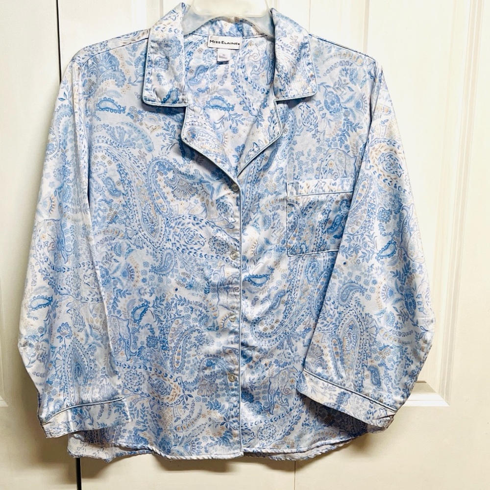 Miss Elaine Light Blue and Cream Paisley Satin Pajama Top Size L